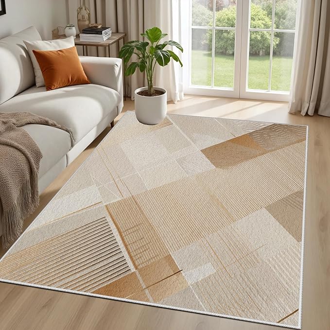 Minimalist Abstract Area Rug 6x8 Brown Boho, Modern Washable Stripe Art Rugs, Soft Non-Slip Low-Pile Carpet for Living Room, Bedroom, Kitchen, Dining Room, Pet Friendly, Non-Shedding, Beige