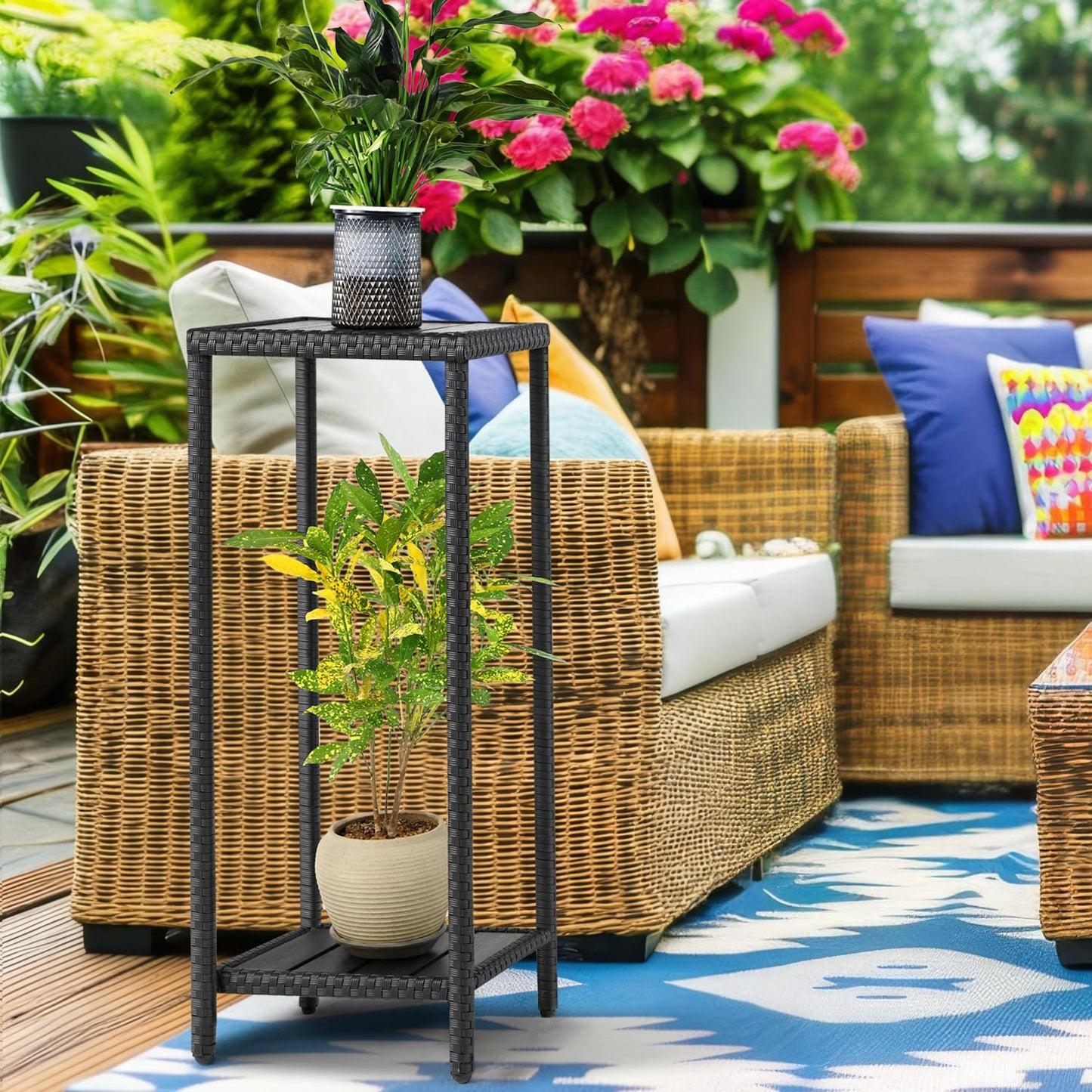 Outdoor Plant Stand for Patio 2 Tier Plant Stand Shelf with Wicker Poly Lumber Flower Pot Plant Stand Holder 31" Tall Corner Plant Display Rack with Adjustable Feet Heavy Duty for Balcony Garden Black