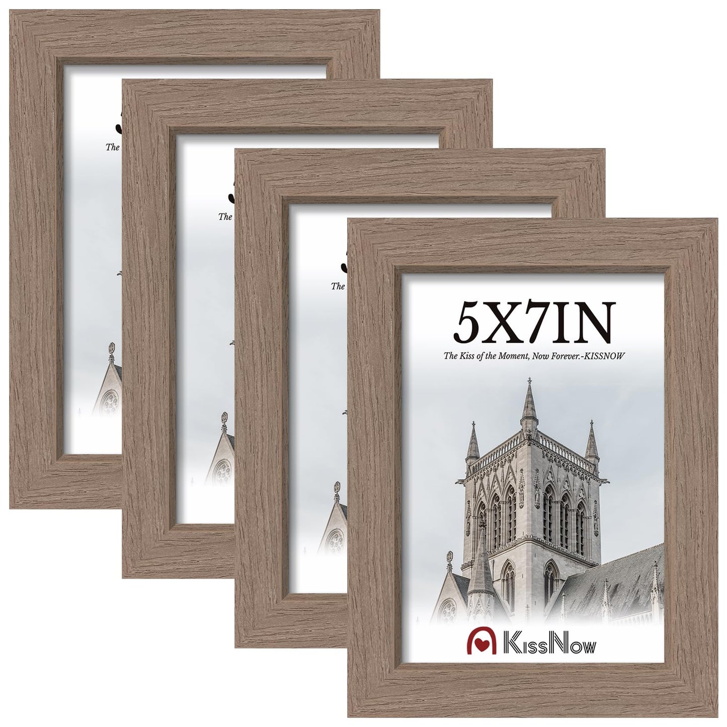 KissNow 5x7 Picture Frame 4 Pack, Walnut Wood 7x5 Frame, Tempered Glass, Vertical or Horizontal Tabletop Display for Photos & Art Prints