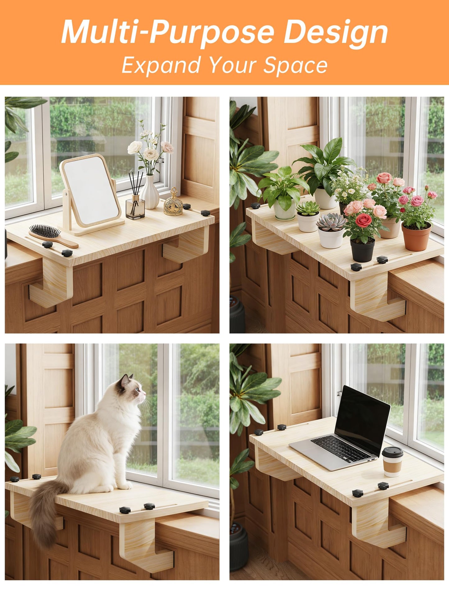 NiHome Window Sill Extender Plant Shelf, No Drill Wood Adjustable 21.2x11.8