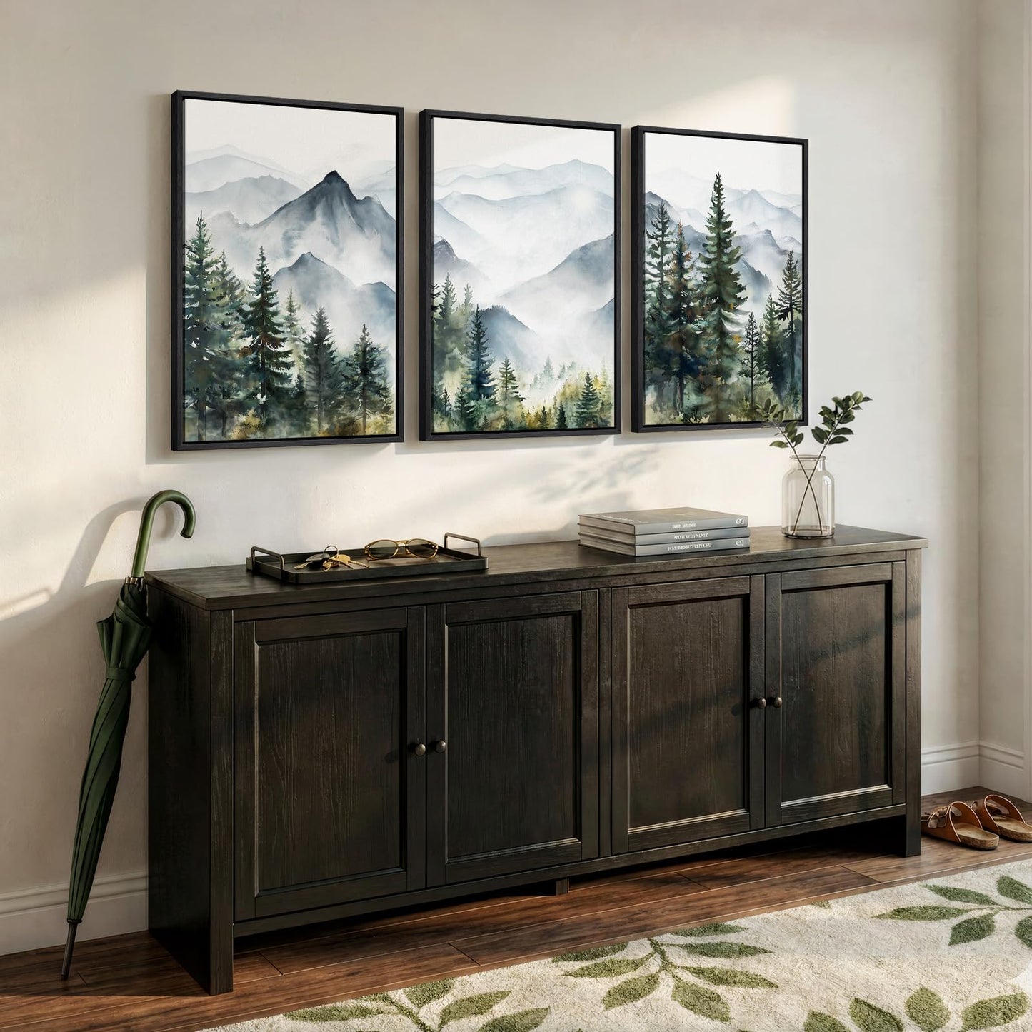 Framed Mountain Landscape Wall Art Bedroom, 3 Piece Nature Foggy Forest Canvas Print Artwork for Walls, Scenic Pine Tree Paintings Pictures Wall Art Decor for Living Room Hallway, 16x24 Inch