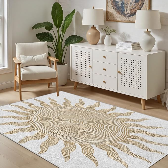 Boho Washable Rugs for Bedroom 5x6, Modern Sun Print Soft Minimalism Area Rug, Non Slip Low Pile Abstract Carpet for Classroom Living Room Decor Dining Room Sofa Kids Nursery Room, Beige Yellow