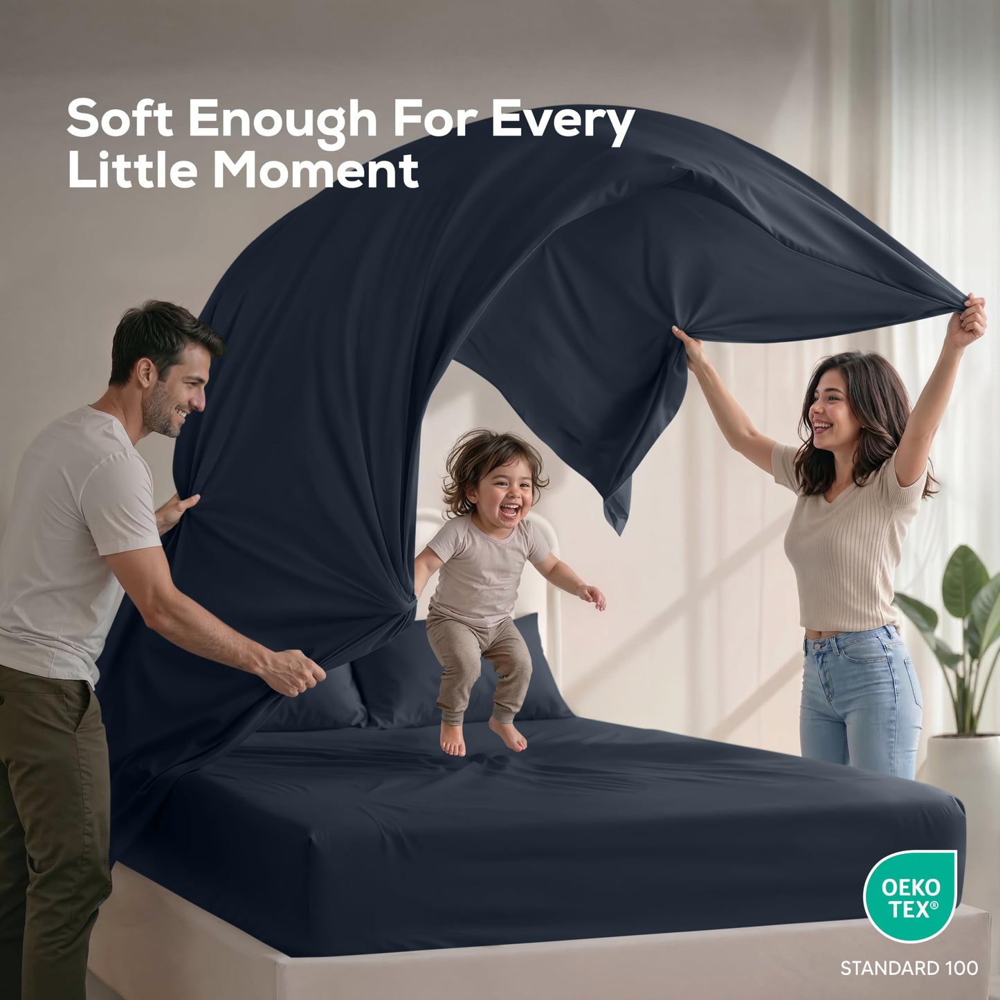 Queen Size Sheet Set – 4 Piece Bed Sheets, Soft and Breathable Microfiber, Includes 1 Fitted Sheet, 1 Flat Sheet and 2 Pillowcases – Oeko Tex (Navy)