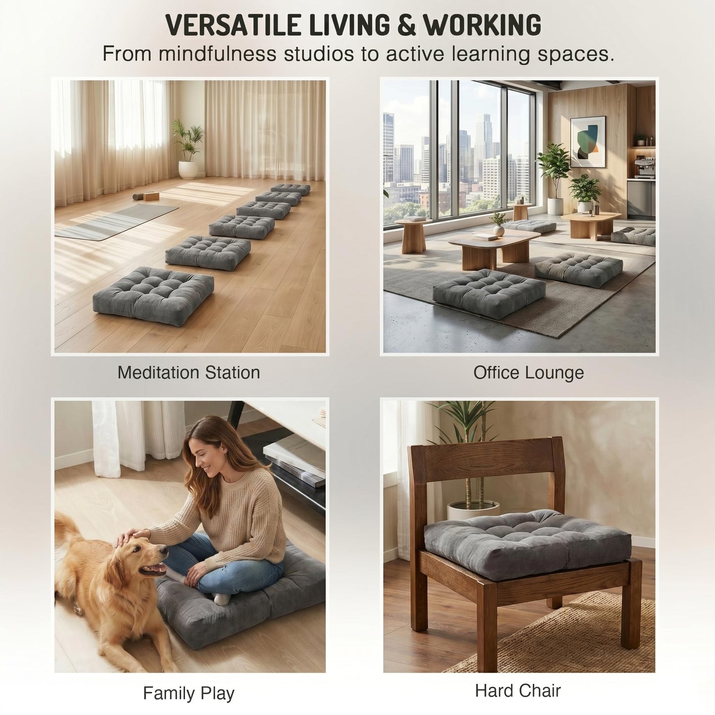 Degrees of Comfort Meditation Floor Pillow, Square Large Pillows Seating for Adults and Teens, Gray Tufted Corduroy Cushions for Yoga, Study Room, Home Office and Living Room, Grey, 22x22 Inch