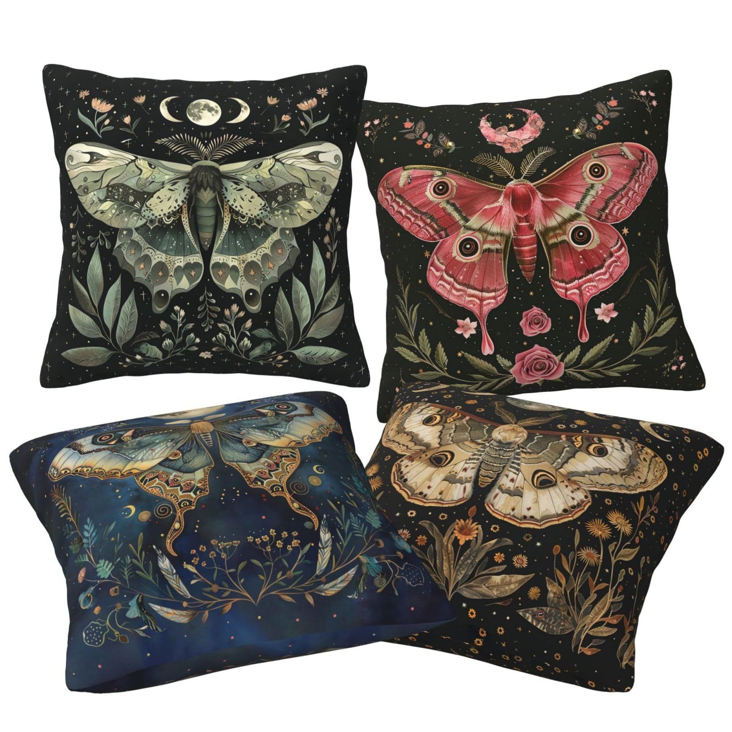 Tropical Flowers Butterflies Pillows Cover Set of 4 Moon Phase Moth Decor Throw Pillow Covers Goth Pillowcase Cushion Case Boho Leaves Pillow Decorative for Couch Sofa Home Office Outdoors 16x16 Inch