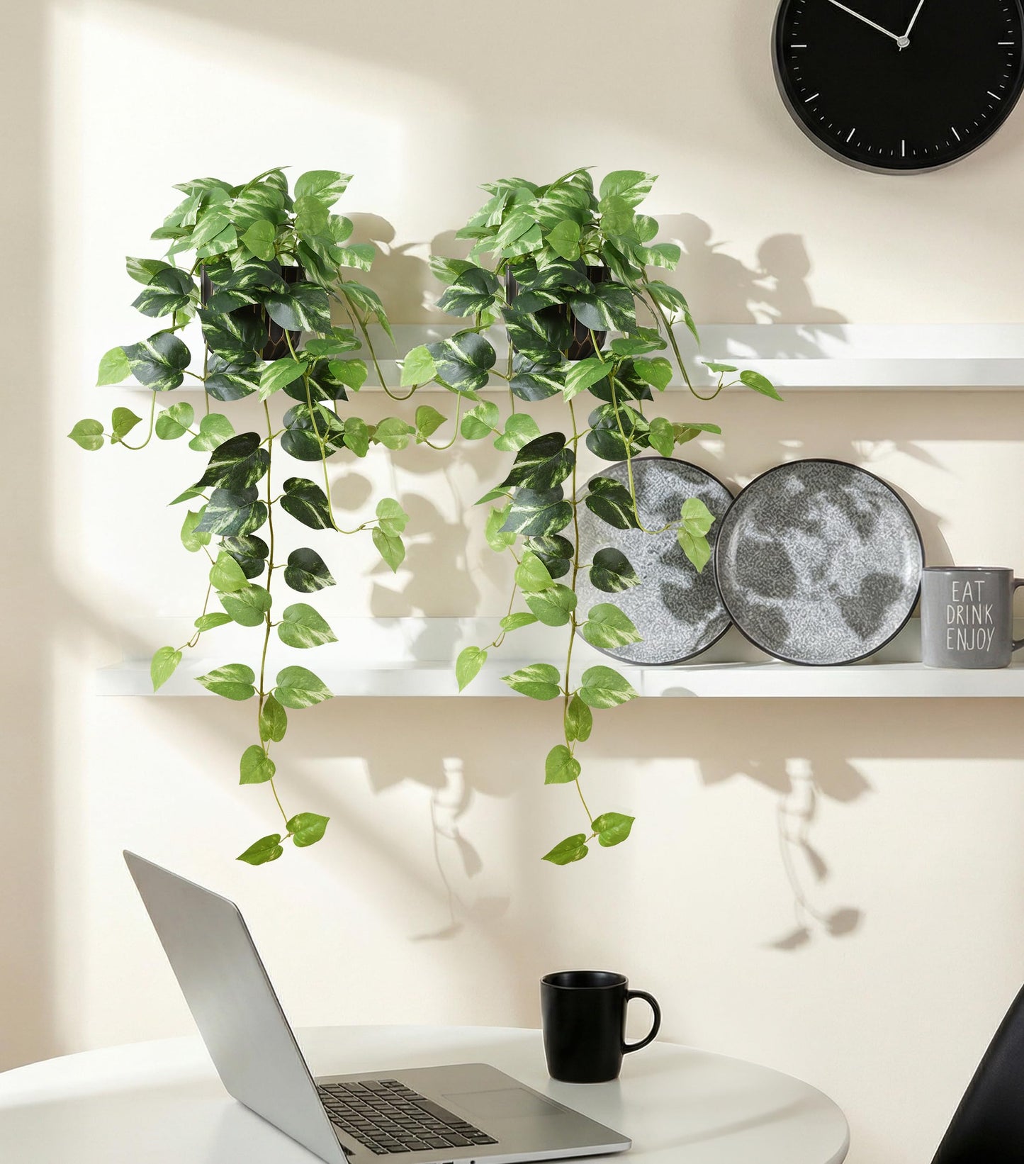 FancyPlus Fake Plants 2 Pcs Faux Pothos Plants Potted Indoor Artificial Hanging Plants Realistic Fake Greenery Table Desk Bathroom Office Bedroom Living Room Shelf Modern Farmhouse Decor Outdoor