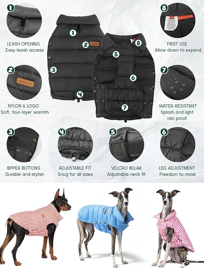 SPACE LION Dog Puffer Jacket, Down Winter Coat, Durable Outdoor Coat for Cold and Windy Conditions, Lightweight & Adjustable Fit Coats for Small & Medium Dogs, (Onyx Black, Size 12 Gift Box)