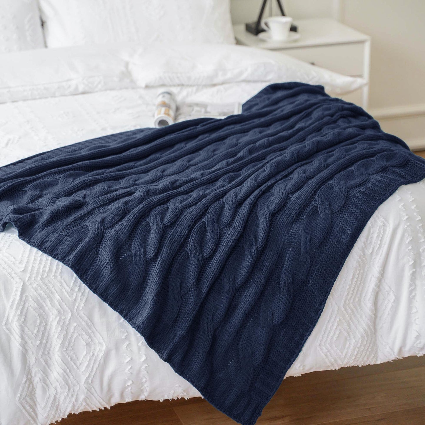 Battilo Navy Cable Knit Throw Blankets for Couch, Super Soft Warm Cozy Decorative Knitted Throw Blanket for Bed, Sofa, Chair 50"x60"