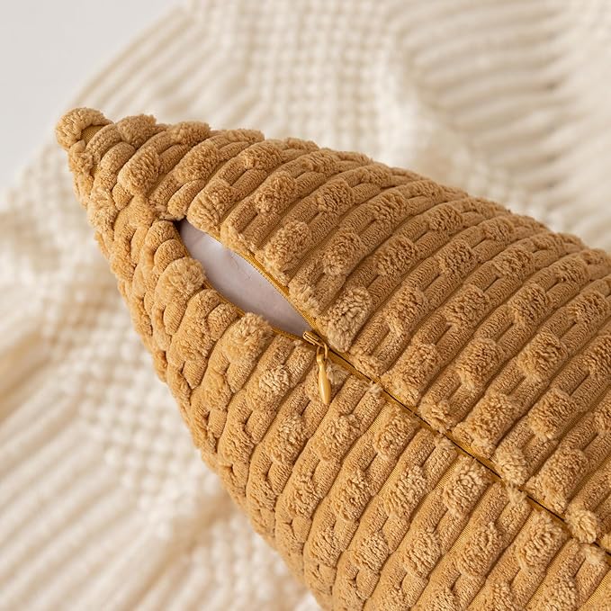 Kevin Textile Throw Pillow Covers Soft Corduroy Decorative Set of 2 Boho Striped Pillow Covers Pillowcases Farmhouse Home Decor for Couch Bed Sofa Living Room 16x16 Inch Gold