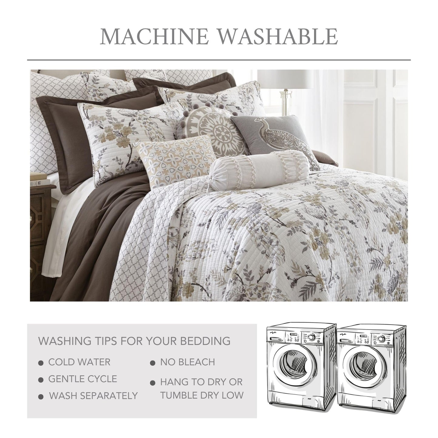 Levtex Home Pisa Reversible King/Cal King Quilt Set (106x92in) with 2 Pillow Shams (36x20in) - Floral Peacock - Grey, Taupe - 100% Cotton King Size Quilt Bedding Set - Lightweight, Soft, Pre-Washed