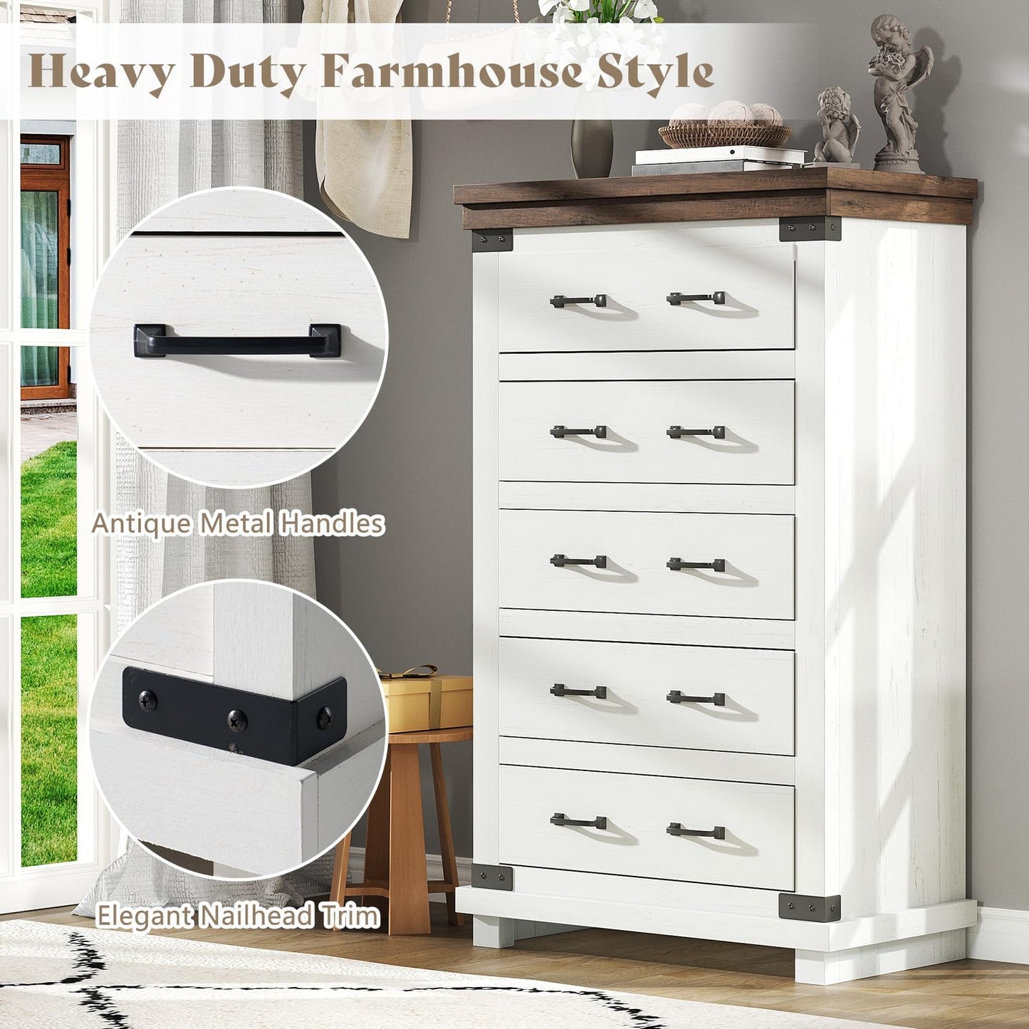 AMERLIFE 5-Piece Farmhouse Bedroom Set, Rustic Wood King Bed Frame with 51" Tall Headboard, 6-Drawer Dresser, 5-Drawer Tall Chest, Nightstands Set of 2 with Charging Station, White