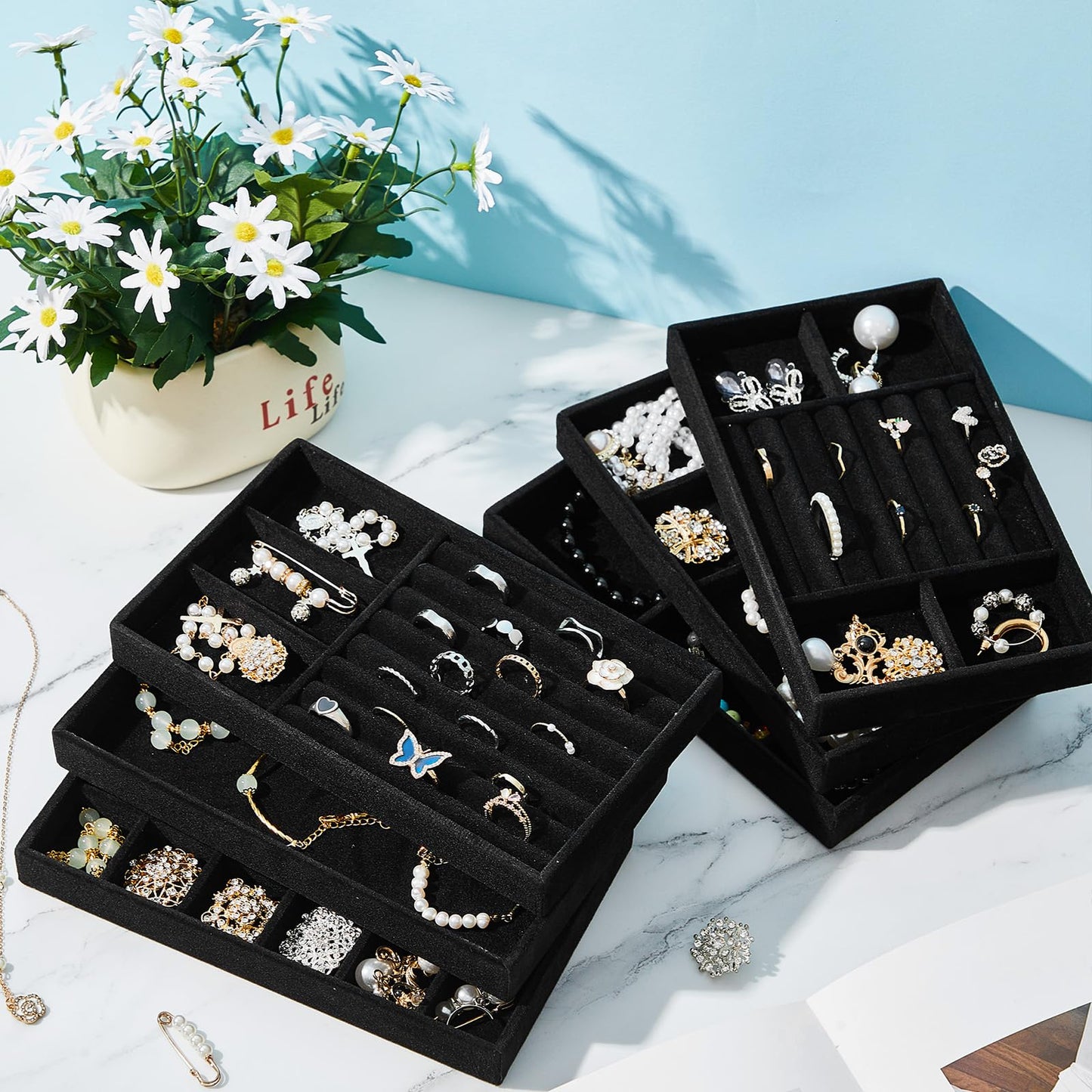 Junkin 18 Pcs Velvet Jewelry Tray, Stackable Jewelry Organizer Trays for Drawer, Jewellery Box Divided Display Tray, Jewelry Inserts for Drawer for Rings Earring Bangle Necklaces(Black)