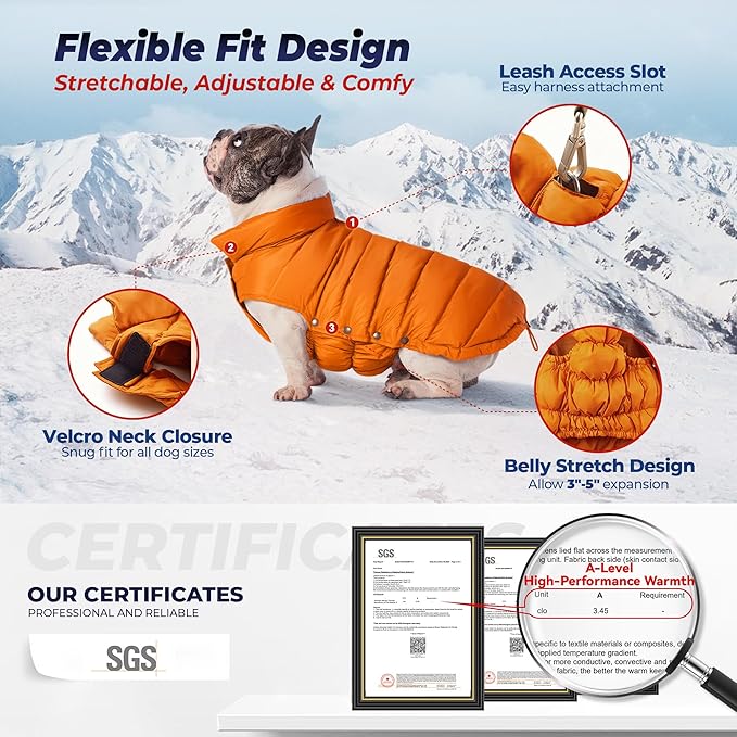 SPACE LION Dog Puffer Jacket, Down Winter Coat, Durable Outdoor Coat for Cold and Windy Conditions, Lightweight & Adjustable Fit Coats for Large Dogs, (Orange, Size28/4XL)