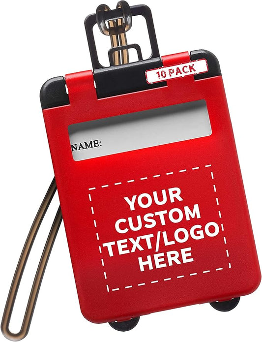 10 Mini Carry-on Luggage Tags Pack - Customizable Text, Logo - Flip Open Cover, ID Sticker - Red