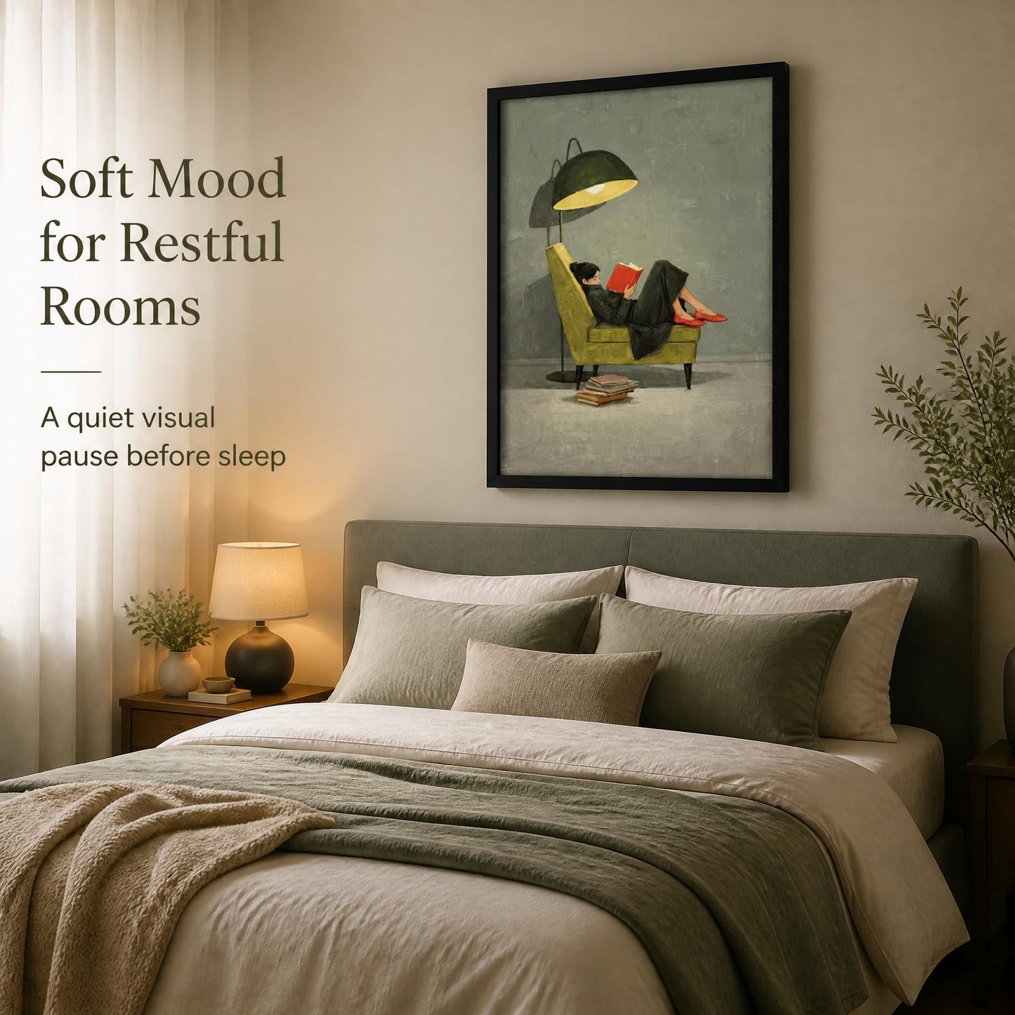 Framed Trendy Women Reading Book Wall Art Quiet Moment on The Sofa Art Prints Green Striped Painting Picture Modern Women's Minimalist Pictures Artwork for Living Room Bedroom Home office Wall Decor