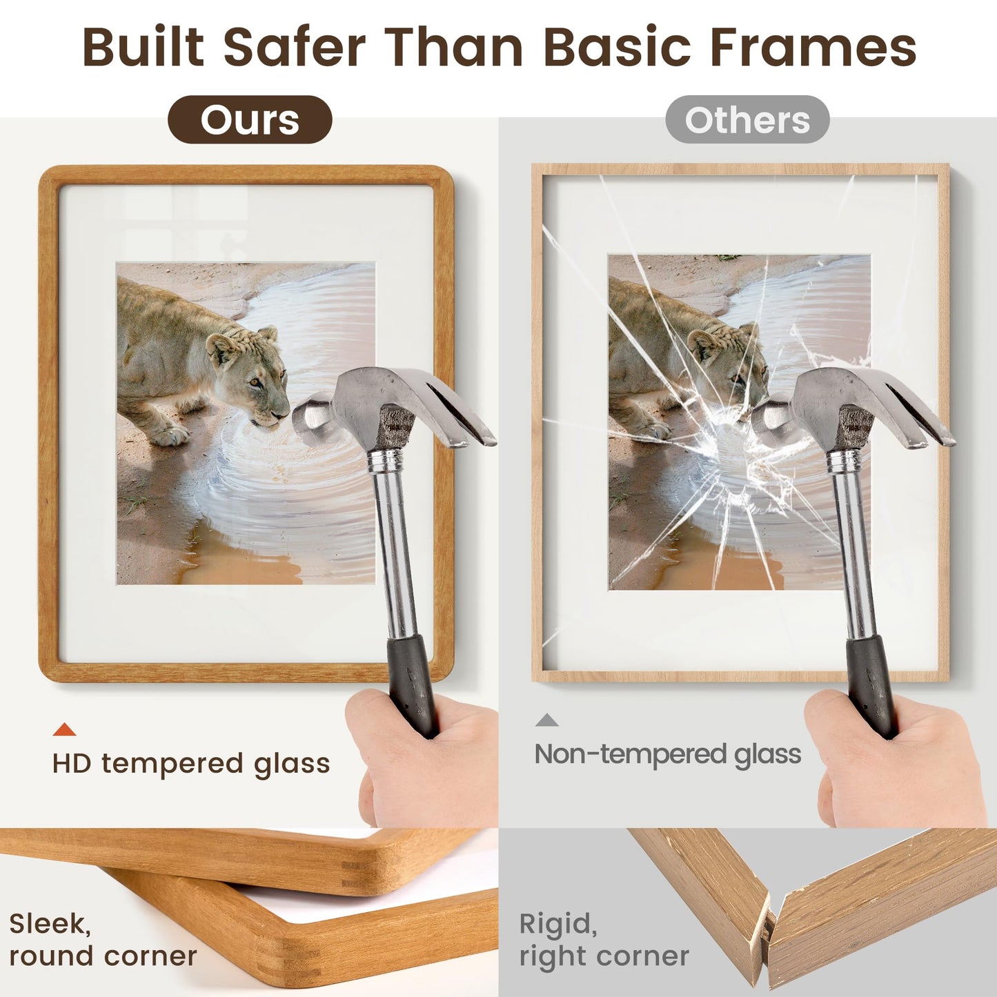 A4 Picture Frame, USA-Sourced Teak Wood Certificated Frame with Chamfered Edge & Double-Dowel Corner, Handcrafted A4 Wooden Frame Matted to A5 with HD Tempered Glass for Wall and Tabletop