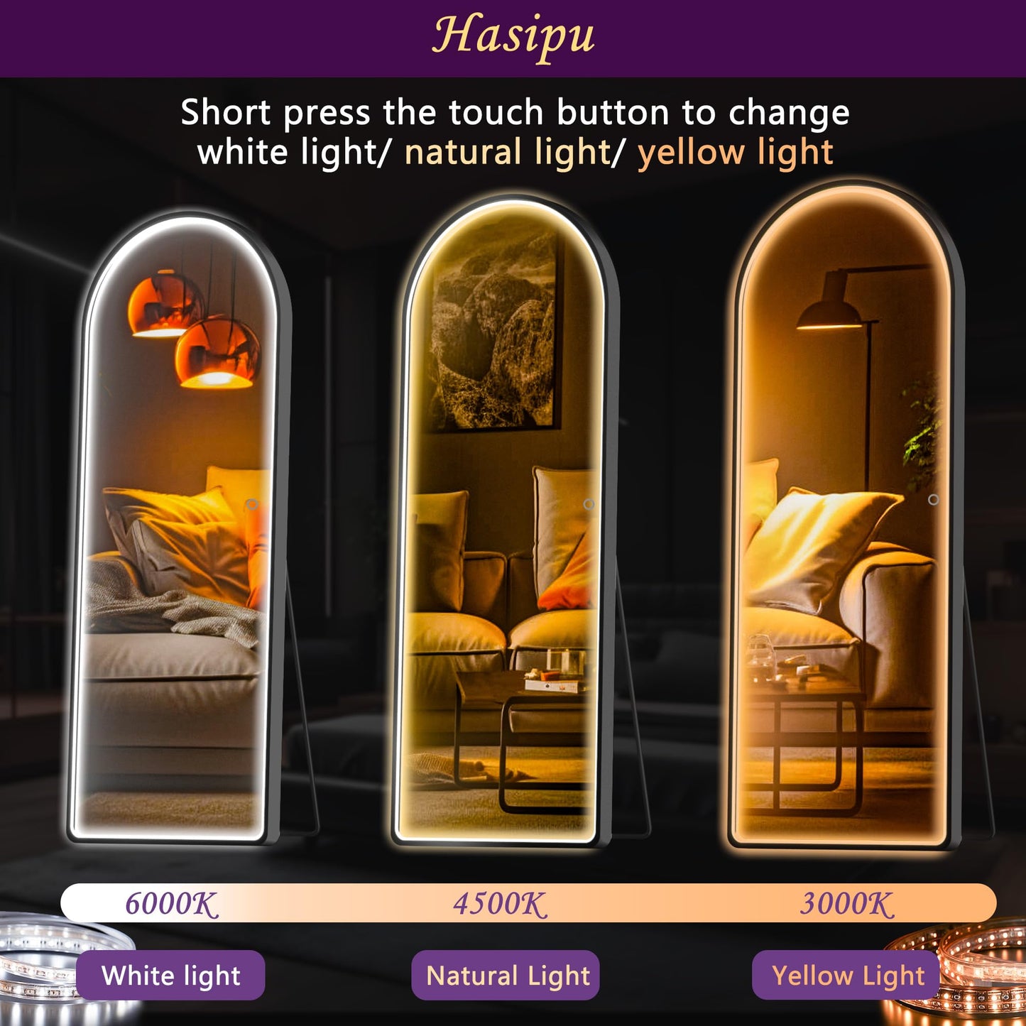 Hasipu Arched Full Length Mirror with Lights, 56" X 16" Lighted Full Body Mirror with Stand, Dimming 3 Colors & Brightness Adjustable, Bedroom Cloakroom Living Room, White Modern Arch Metal Frame