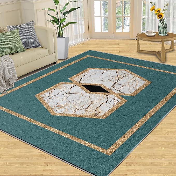 Jadeite Marble Area Rug Abstract Marble Texture Area Rugs for Living Room Light Luxury Stone Crack Carpet Gold Geometric Stripes Outdoor Carpet for Bedroom Living Room 6x8ft