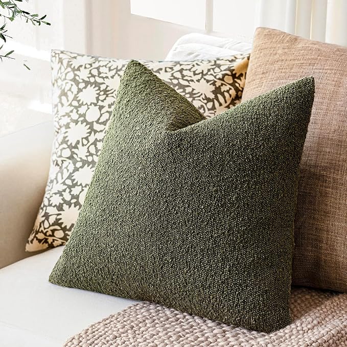 Foindtower Decorative Textured Boucle Throw Pillow Covers Accent Solid Pillow Cases Neutral Soft Cozy Couch Cushion Case for Chair Sofa Bedroom Living Room Home Decor 26x26 Inch,1PC,Moss Green