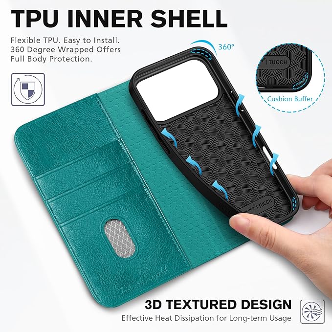 TUCCH Case Wallet for iPhone 17 Pro Max (6.9-Inch) 2025, 3 Card Slots | Kickstand | RFID Blocking | PU Leather | Protective Flip Folio Cover | TPU Shockproof Interior Shell | Cyan