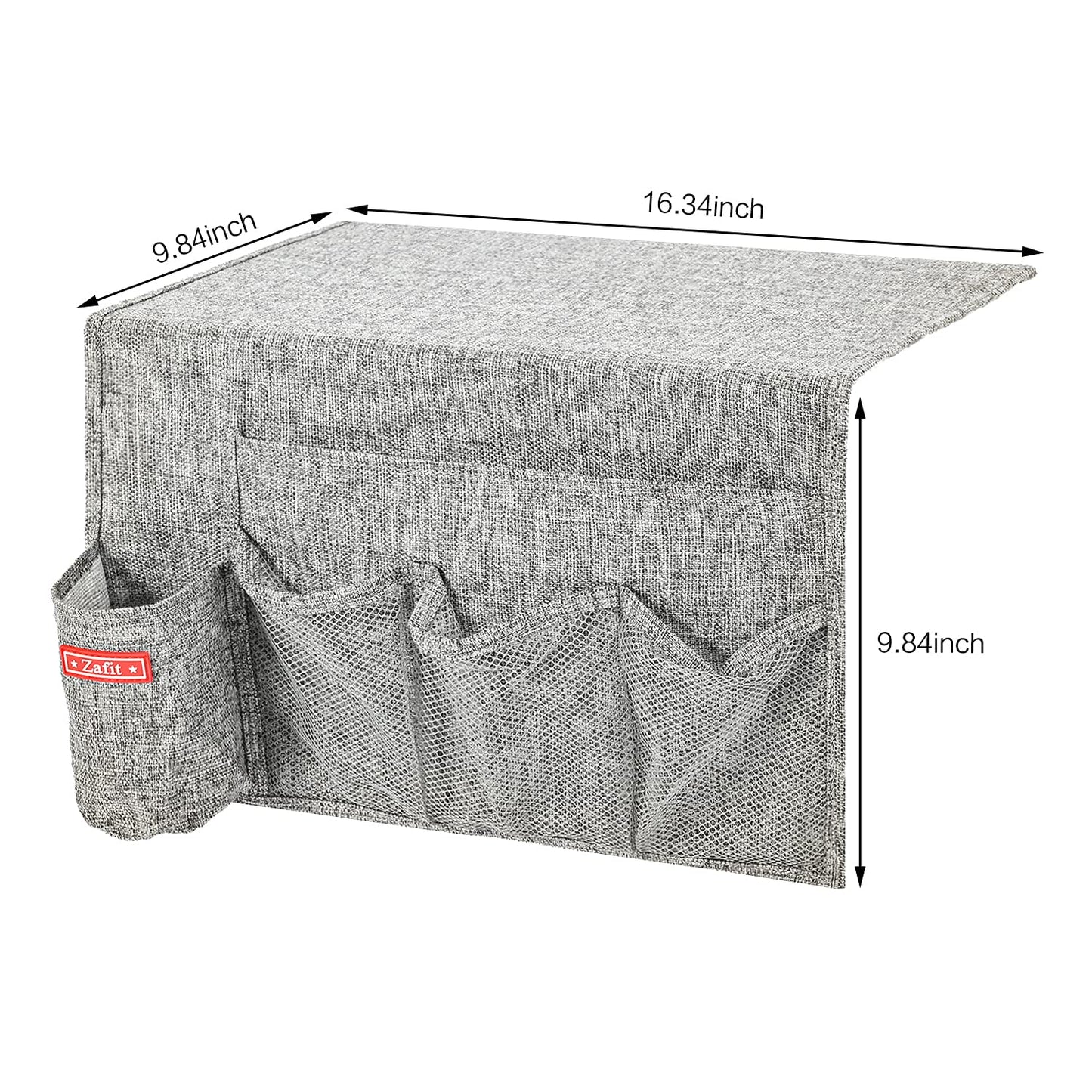 Zafit Linen 5 Pockets Bedside Caddy, Bedside Storage Organizer with Water Bottle Holder for Magazine, Remotes, Phone (Grey)