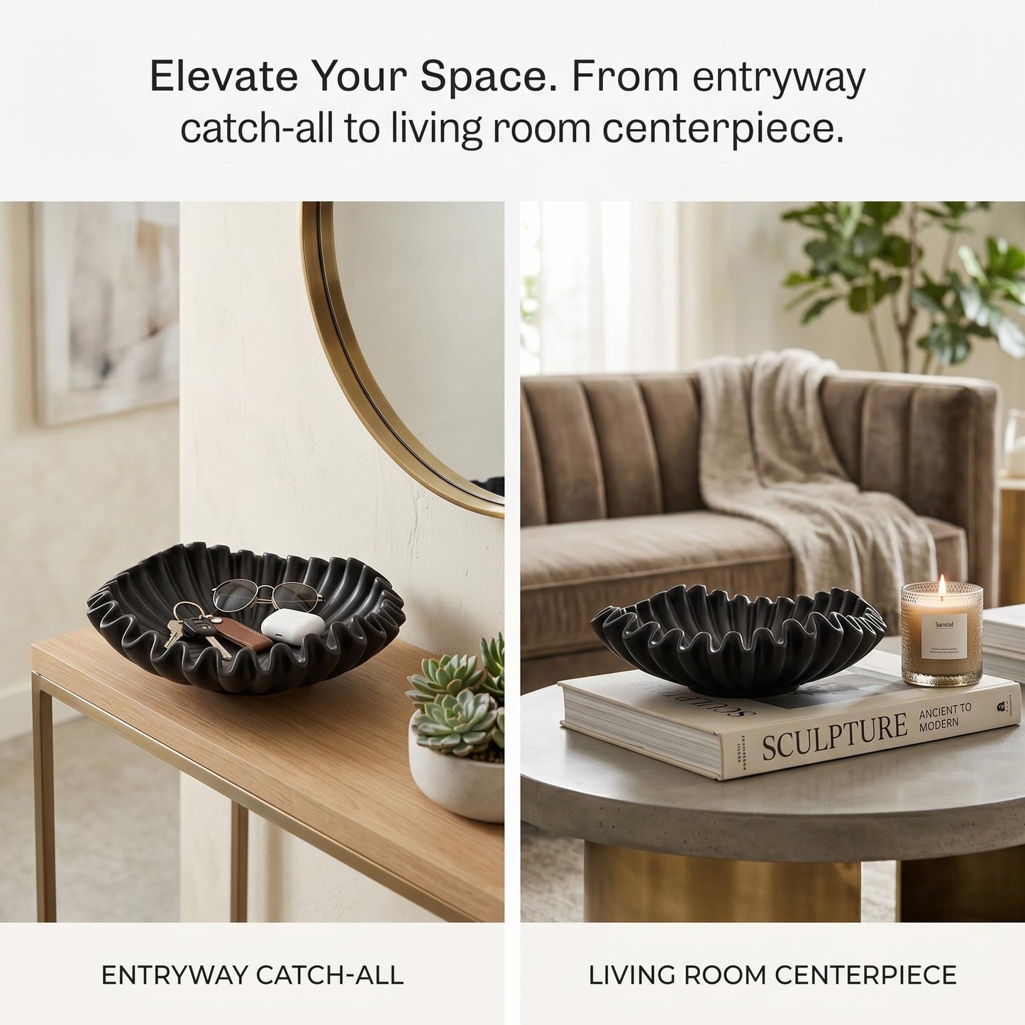 FESTGLOX Black Decorative Bowl, Decorative Fruit Bowls for Kitchen Counter, Resin Ruffled Bowls for Living Room, Modern Key Bowl for Entryway, Coffee Table Centerpiece