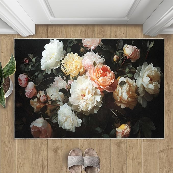 Flowers 4x6 Area Rugs for Living Room Peony Washable Rug Rustic Flowers Rug Non Slip Low Pile Soft Area Rugs for Bedroom Bedside Dining Room Kids