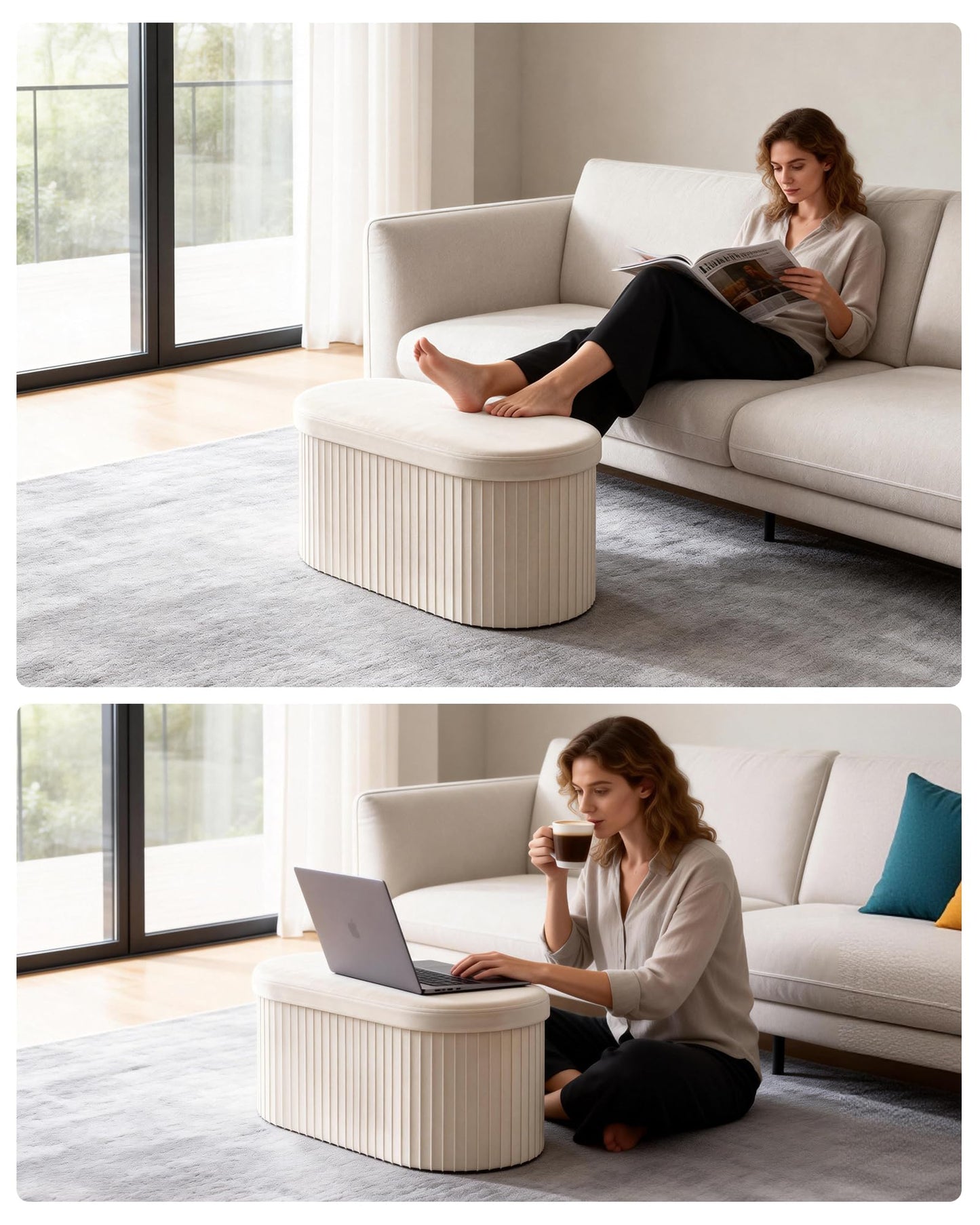 GLAXYFUR Folding Storage Ottoman, Velvet Upholstered Foot Rest, 30 Inches Oval Storage Bench for Bedroom, Living Room & Entryway (Beige)