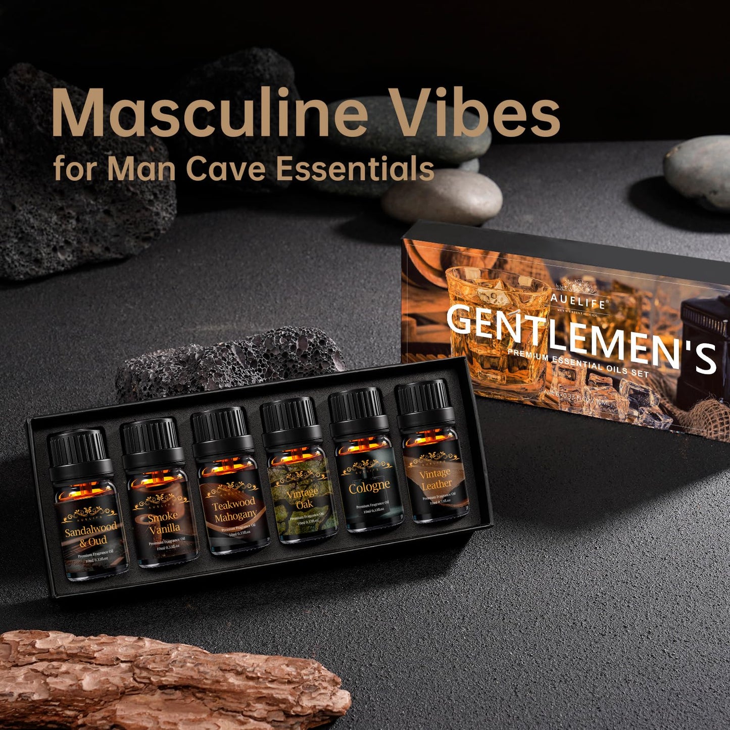 Men Essential Oils Set for Diffuser for Home, 6x10ml Masculine Fragrance Oils for Candle Making, Scented Oil Gift Set for Men, Mahogany, Sandalwood, Cologne, Smoke Vanilla, Leather