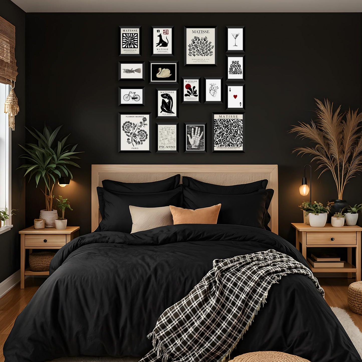 LANCHI95 16 PCS FRAMED Black and White Home Decor, Eclectic Wall Art, Minimalist Posters for Living Room Aesthetic, Matisse Abstract Gallery Wall Prints for Bedroom, Collage Kit Pictures (Black Eclectic 1)