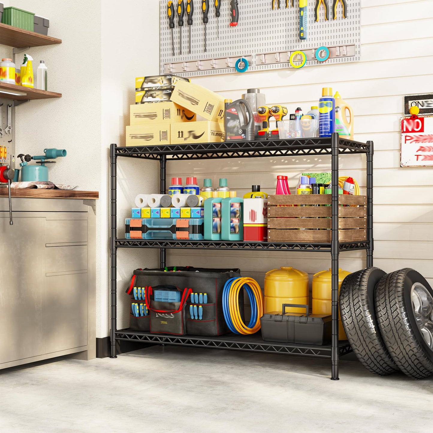 DurayLoly 35.6" W Storage Shelves, 3 Tier Adjustable Metal Shelving Unit Heavy Duty Steel Wire Rack for Kitchen,Laundry,Pantry,Office,Garage, Closet,Black(35.6" Wx14"Dx35.6"H)