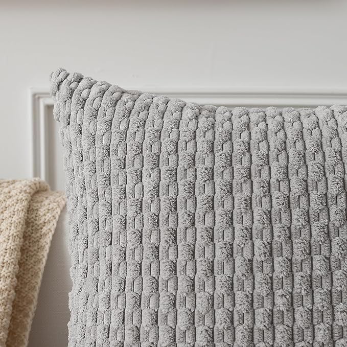 Kevin Textile 2 Packs Light Grey Decorative Throw Pillow Covers 26x26 Inch for Living Room Couch Bed Sofa Rustic Farmhouse Boho Home Decor Soft Striped Corduroy Square Cushion Case 66x66 cm