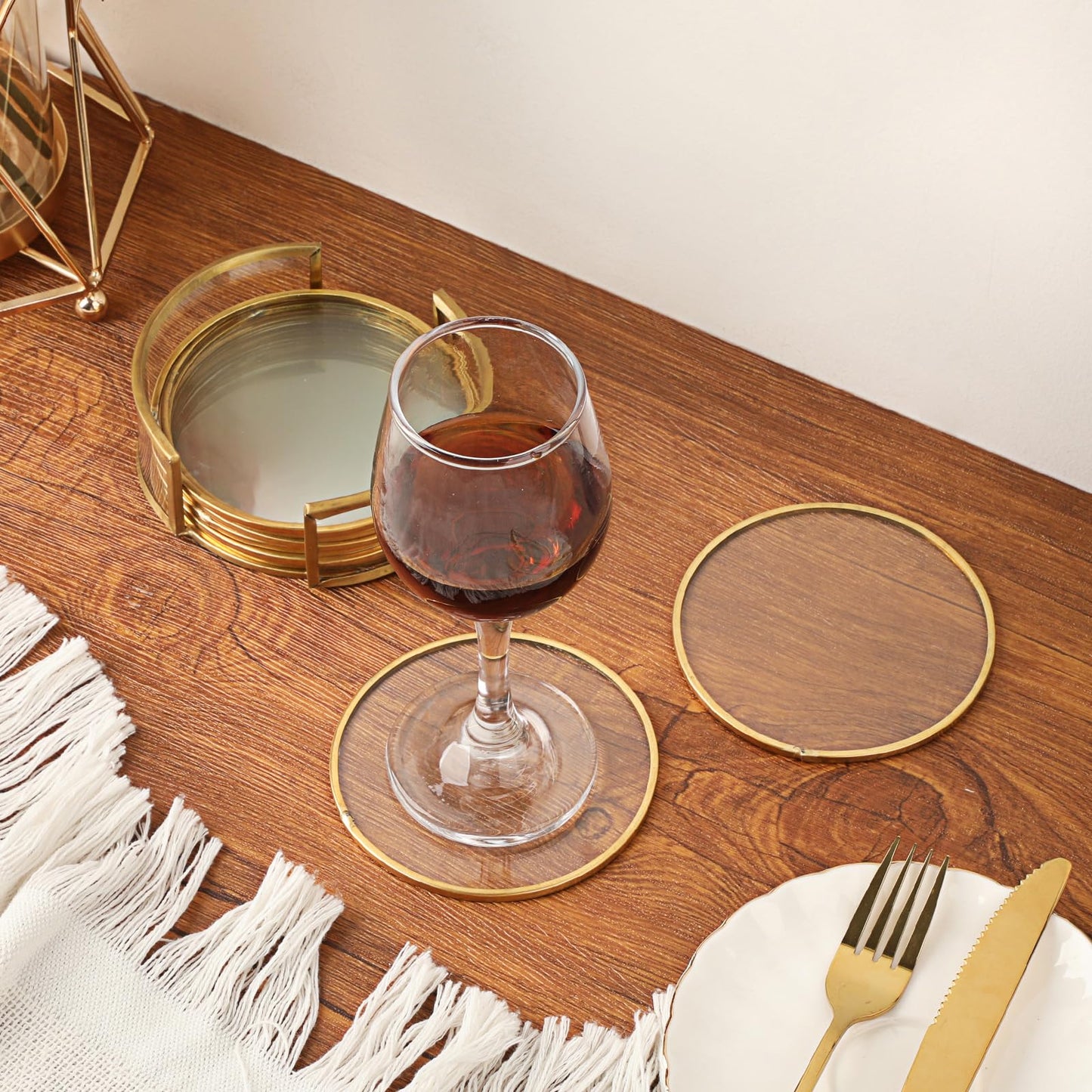 OGANAZI Glass Coaster Set of 8 Drink Coasters with Holder, Gold Brass-Coated Glass Coasters for Drinks, Round Cup Mats Coffee Table Décor for Kitchen, Living Room, Bar, Office, Patio, 4 Inches