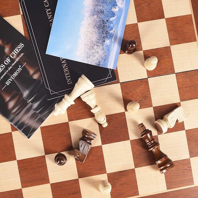 Chess Magnetic Wooden Chess Set 15" Unique Chess Board Game with Chess Pieces Storage Slots, Tournament Portable Folding Travel Chess Sets for Kids Adults Beginner and Pros, 2 Extra Queens