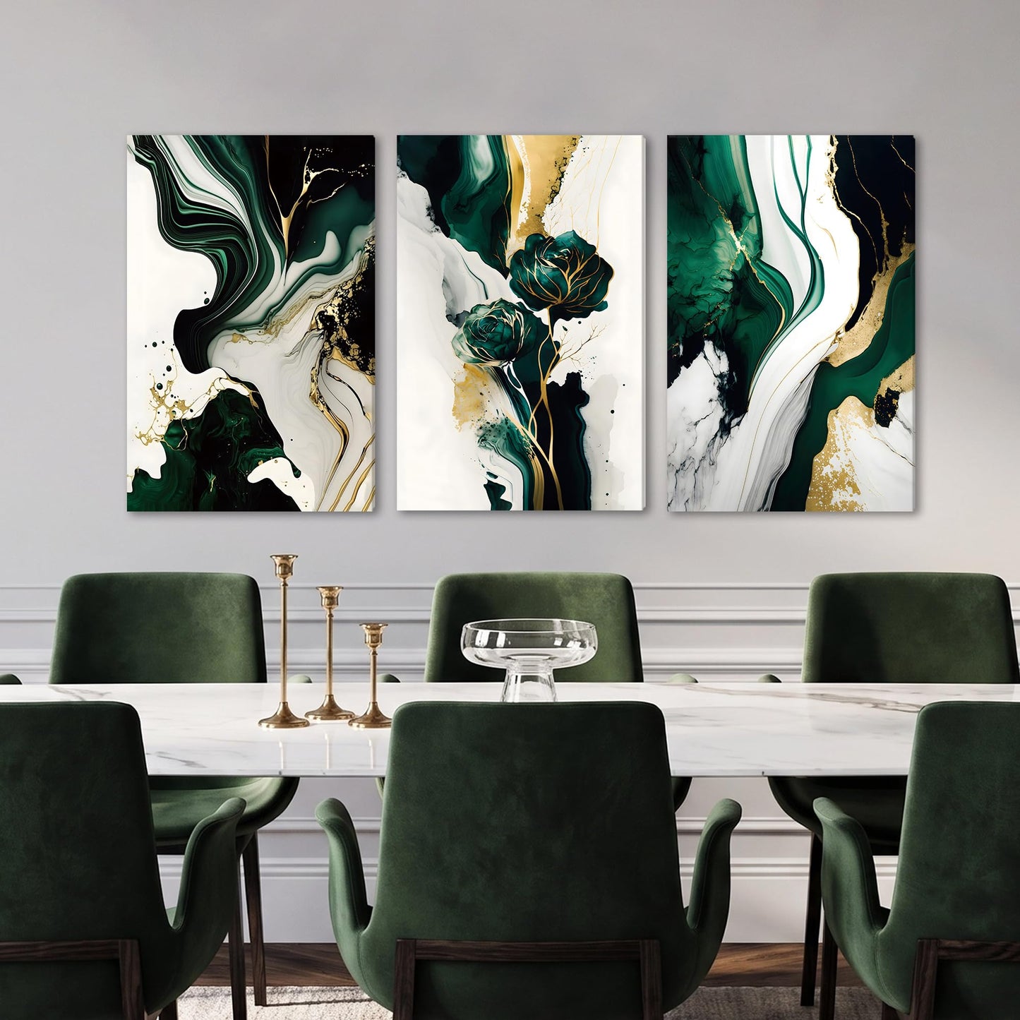 EJPFOGV Large Framed Abstract Wall Art Set of 3, Green and Gold Marble Texture with Floral Motif, Easy to Hang & Fade Resistant Art Prints, Wall Decor for Bedroom, Living Room, Home Office, 24x36 Inch