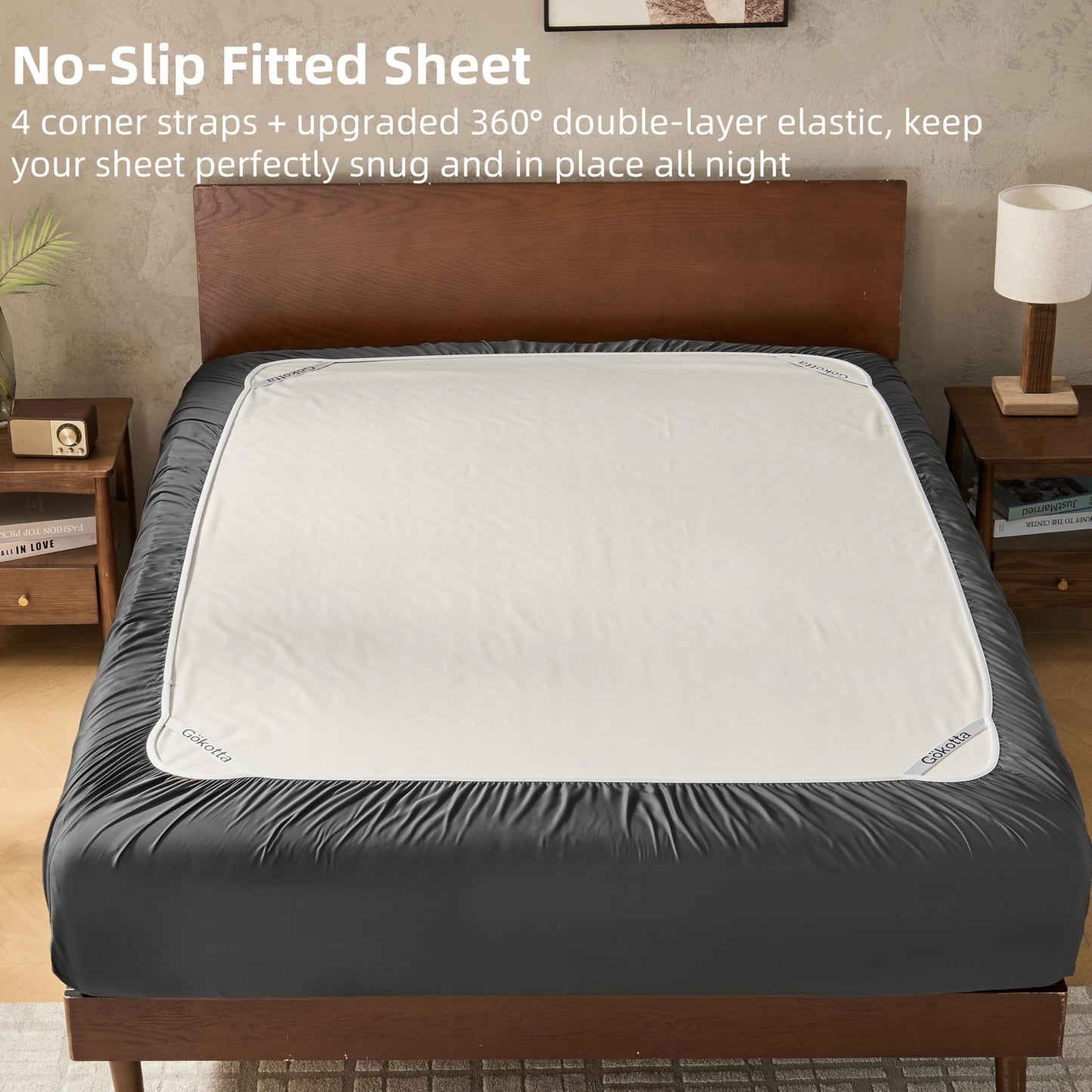 GOKOTTA Fitted Sheet King Only,100% Rayon Derived from Bamboo Fitted Sheet,Ultra Soft,Cooling and Breathable Bottom Sheet with 4 Elastic Corner Straps,No Slip,No Pilling,16" Deep Pocket-Dark Grey