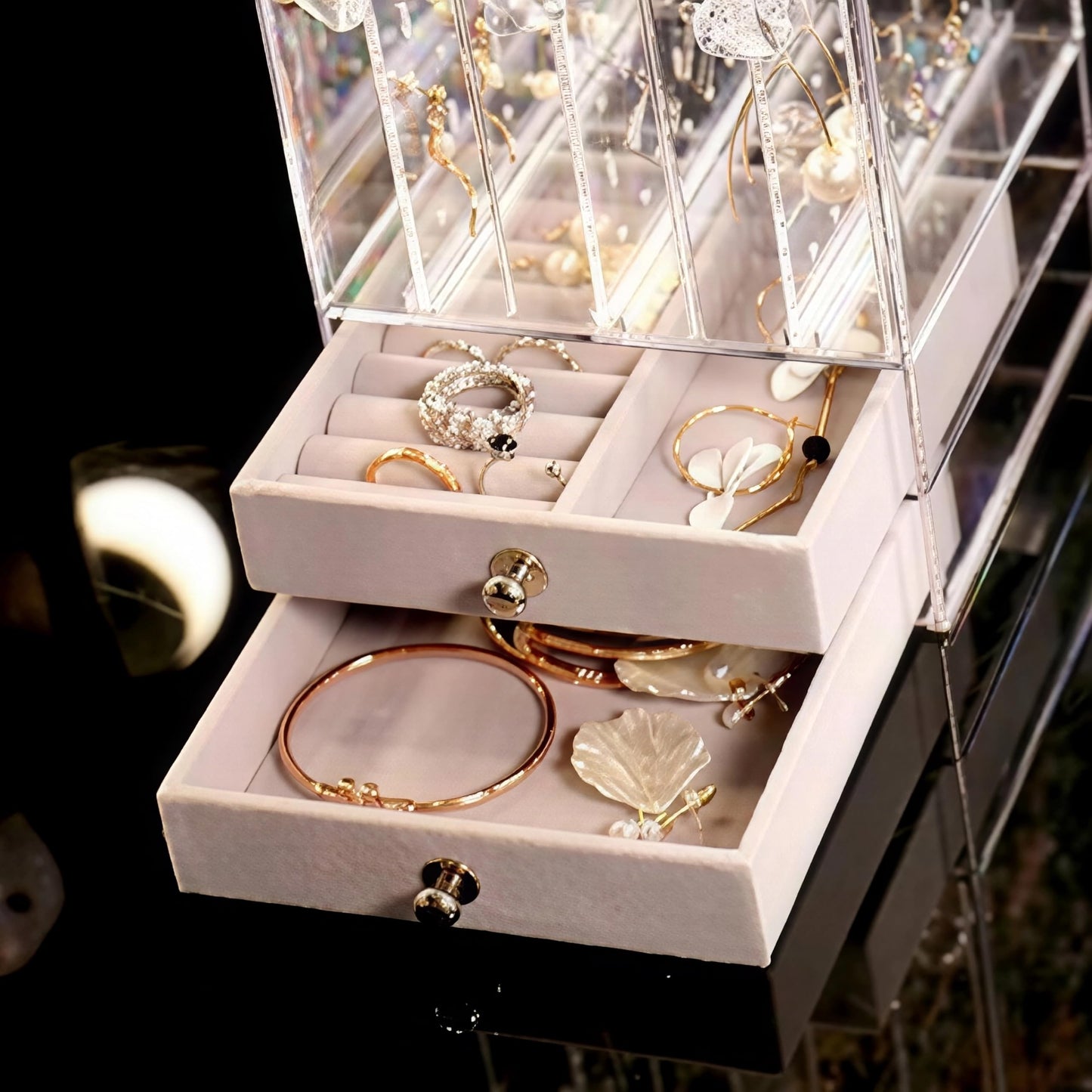 Sooyee Acrylic Earring Holder and Jewelry Organizer with 5 Drawers, Dustproof Jewelry Stand Rack Display for Necklaces Bracelet Earrings and Ring, Clear