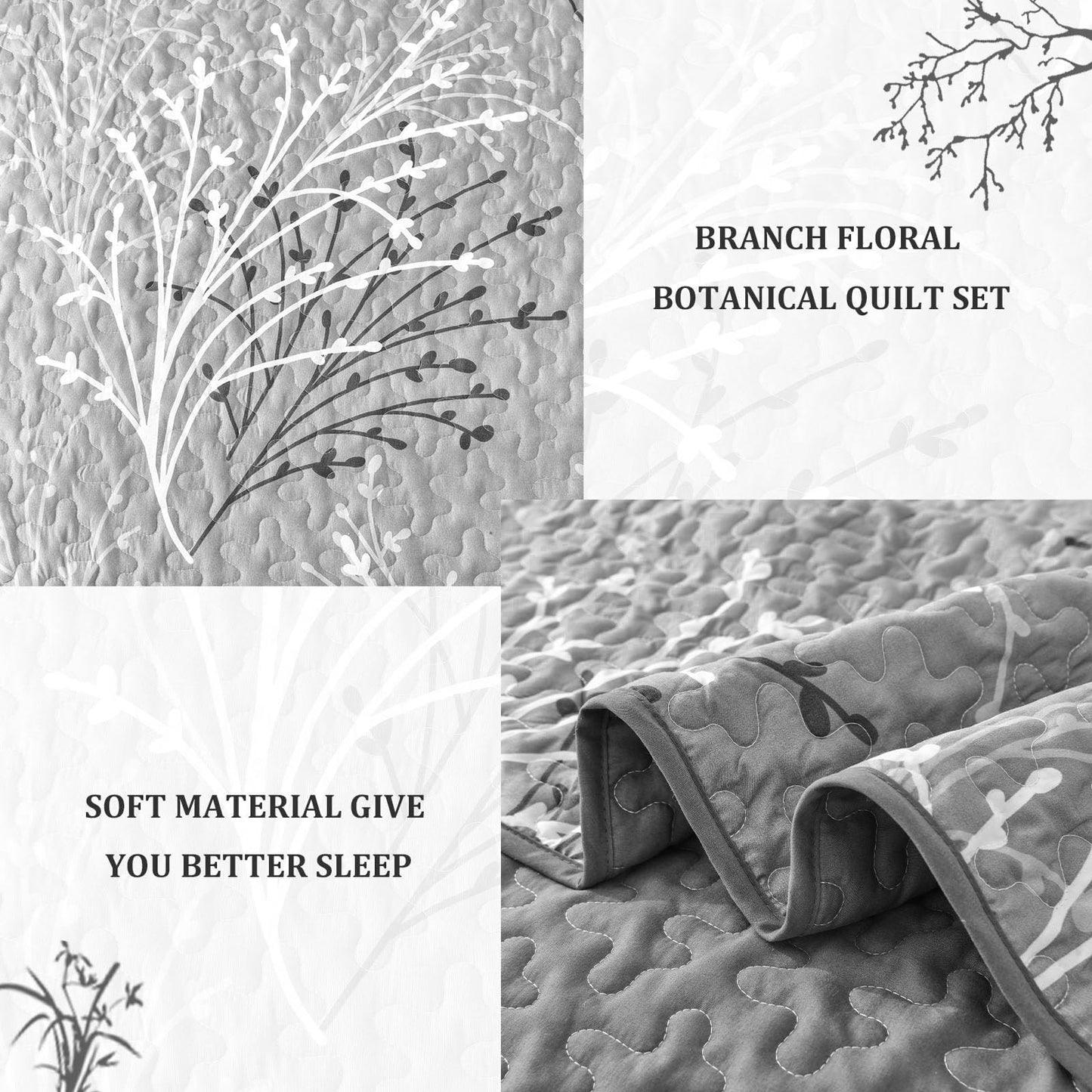 DJY Grey Quilt Set Queen Size - Branch Botanical Pattern Bedspread Coverlet Set, 3 Pieces Gray Floral Quilt Bedding Set, Soft Lightweight Microfiber Reversible Summer Quilt Set