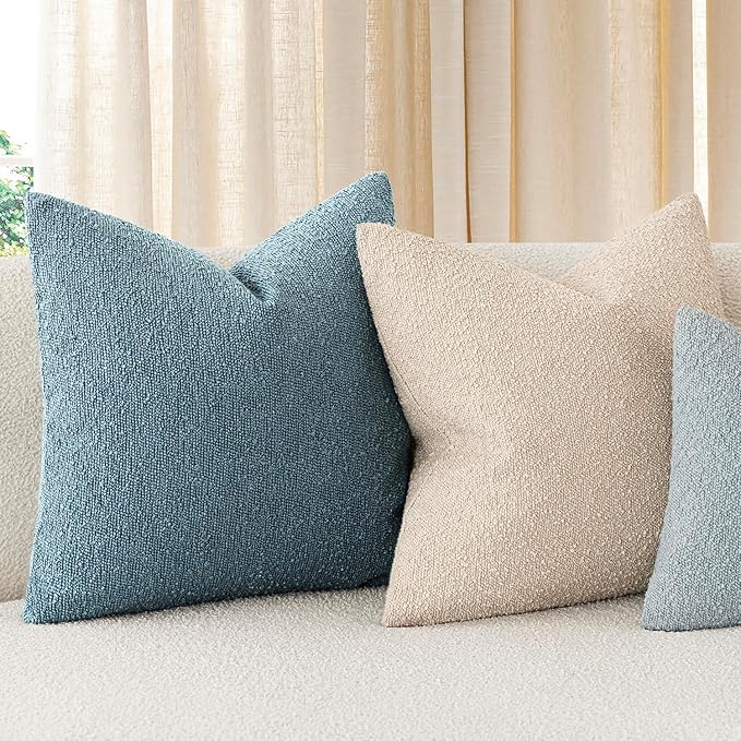Foindtower Decorative Textured Boucle Throw Pillow Covers Accent Solid Pillow Cases Neutral Soft Cozy Couch Cushion Case for Chair Sofa Bedroom Living Room Home Decor 26x26 Inch,1PC,Misty Blue