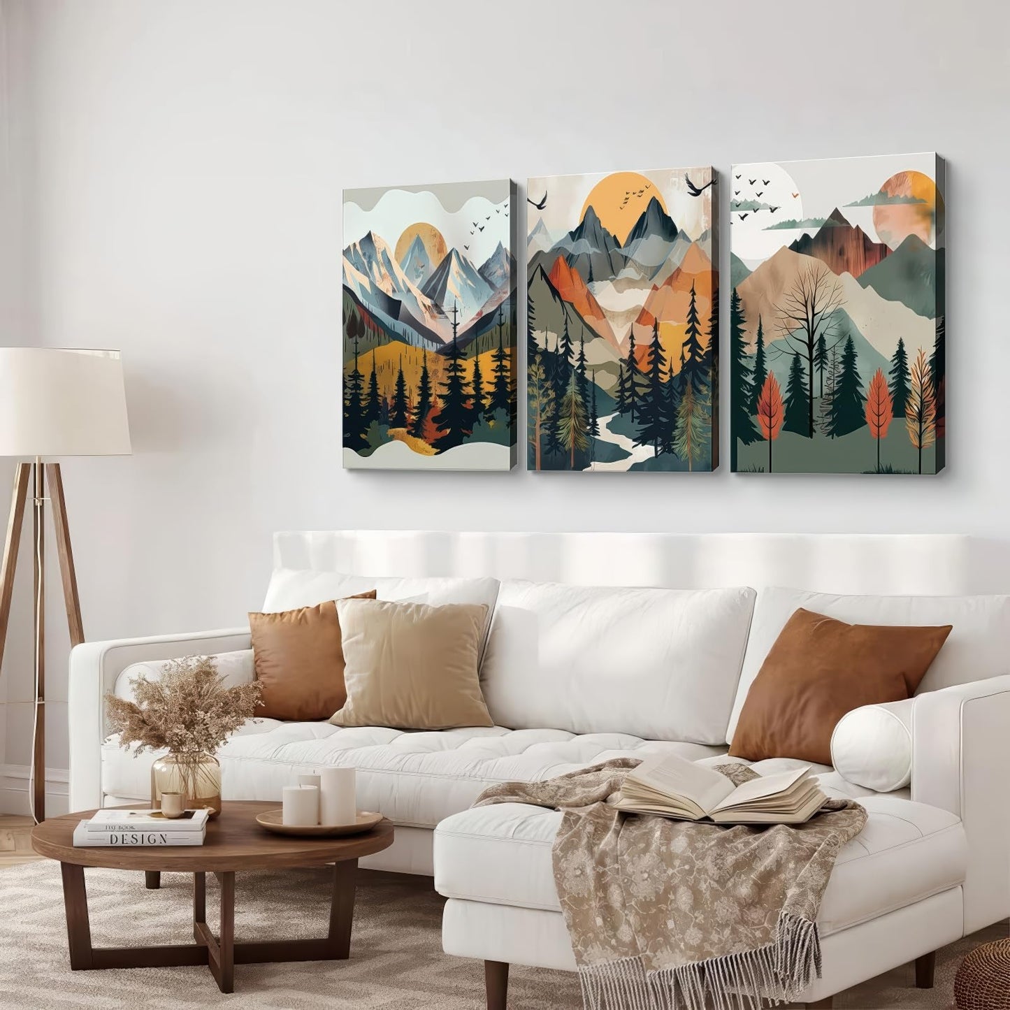 Framed Boho Landscape Wall Art Set of- 3 Canvas Print, Abstract Nature Pictures, Forest and Sunset,Posters Modern Minimalist Paintings for Living Room, Bedroom Office Ready to Hang12x16Inch
