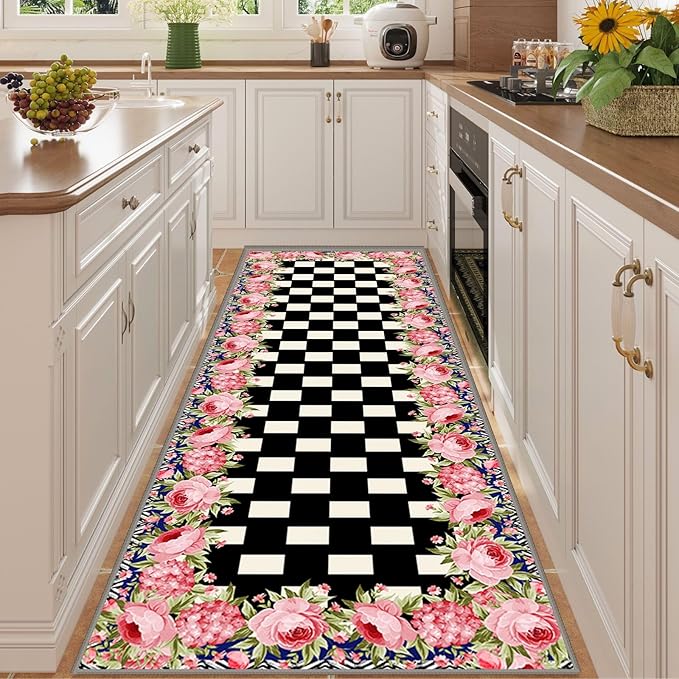 Checkered Floral Design Runner Rug for Entryway, 2.6x10ft, Pink Rose Luxury Fall Decor Area Carpets for Bedroom, Absorbent Machine Washable Shed Resistant Non-Slip Throw Rugs for Entry