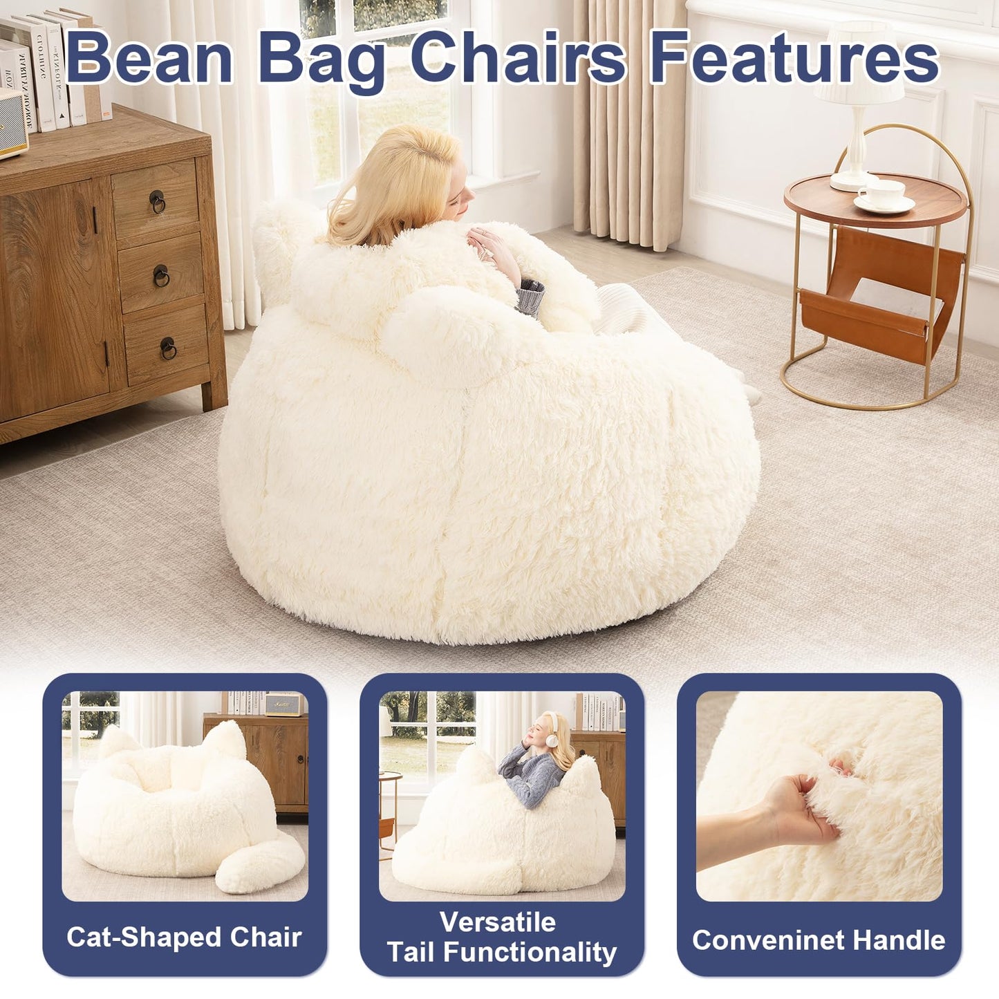 Achicsofar Bean Bag Chair for Adults Teens Giant Faux Fur Bean Bag Chairs with Filler Fluffy Plush Cat Shaped Beanbag Couch Comfy Accent Floor Sofa for Gaming, Reading in Living Room, Bedroom, Dorm