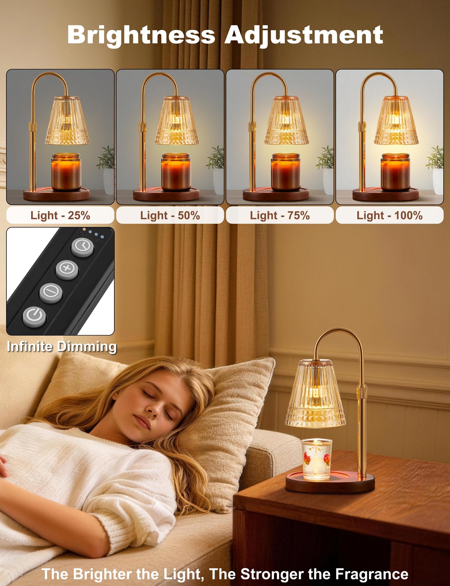 Candle Warmer Lamp with Dimmer & Timer，Adjustable Height for Jar Candles, Birthday Gifts for Mom Women Sister, Housewarming for New Home Decor, Wax Warmer for Jar Candles with 2 Bulbs (Amber-gold)
