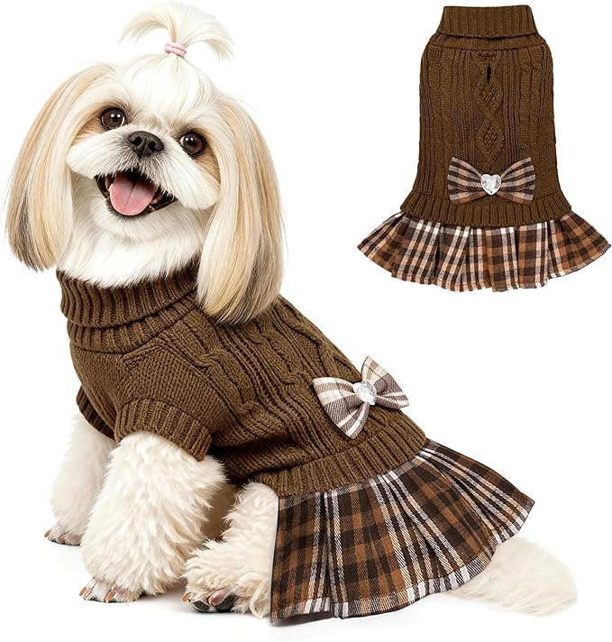 YUDODO Small Dog Sweater Dress with Bowtie Turtleneck - Knitted Pet Girl Dog Winter Clothes - Pet Warm Sweater for Puppy Yorkies, Chihuahua (S Brown)