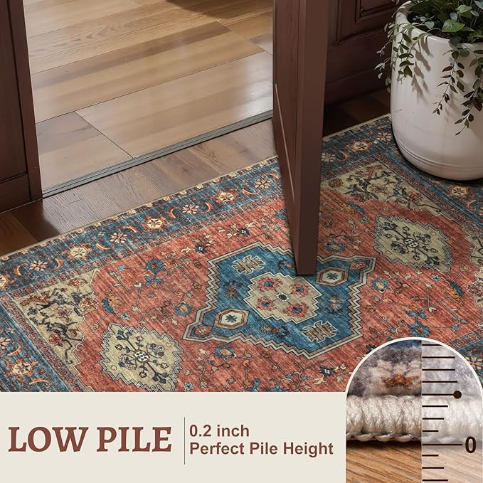 Tangsoo Oriental Washable Entryway Rugs Terracotta 2x3 Non Slip Small Area Rug, Vintage Indoor Front Door Rug, Print Door Mat Indoor Entrance Soft Low Pile Throw Rug for Entry Kitchen Bedroom