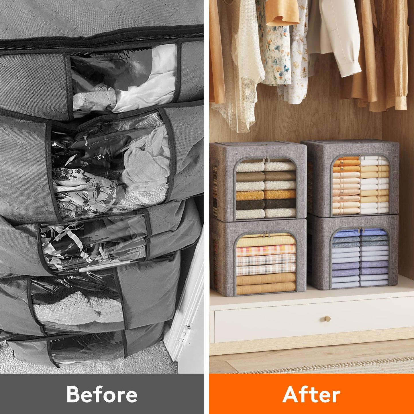 Lifewit Clothes Storage Bins with Metal Frame, Stackable Storage Box, Foldable Clothing Storage Bins with Lids, 40L Storage Bags Fabric Box Organizer with Clear Window＆ Zippers＆ Sturdy Handles 6 Pack