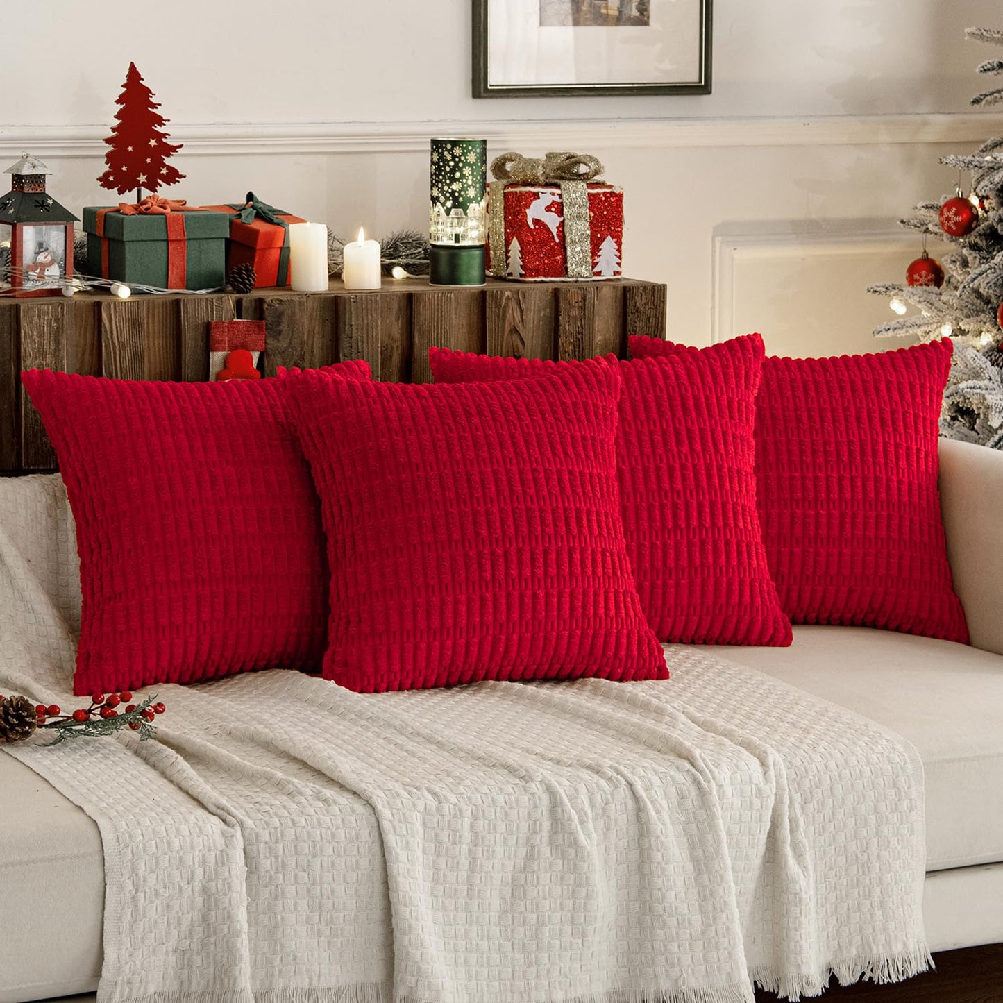 MIULEE Pack of 4 Christmas Red Corduroy Decorative Throw Pillow Covers 18x18 Inch Soft Boho Striped Pillow Covers Modern Farmhouse Home Decor for Sofa Living Room Couch Bed
