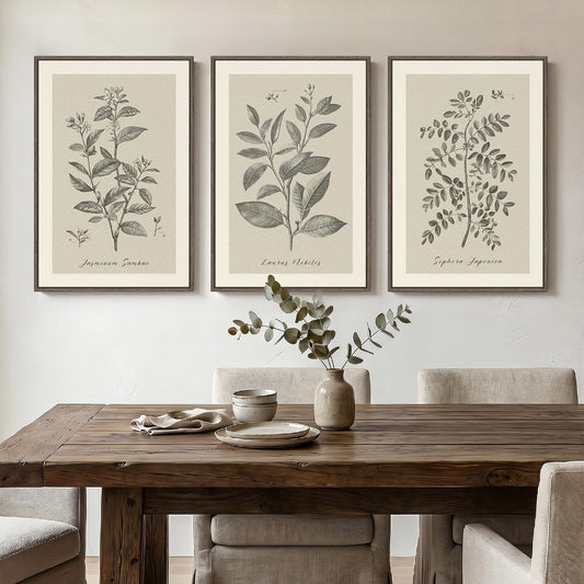 Framed Vintage Botanical Wall Art for Dining Room, 3 Piece Neutral Floral Plants Canvas Painting Prints Artwork, Rustic Flowers Pictures for Farmhouse Living Room Bedroom Kitchen Home Decor, 16x24 In