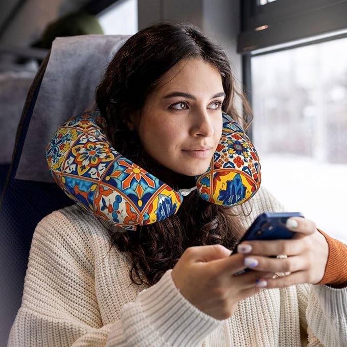 Neck Pillow Memory Foam Chin Cushion with Breathable Cover Talavera Mexican Tiles, Cute Airplane Car Pillows for Office Head Pain Relief