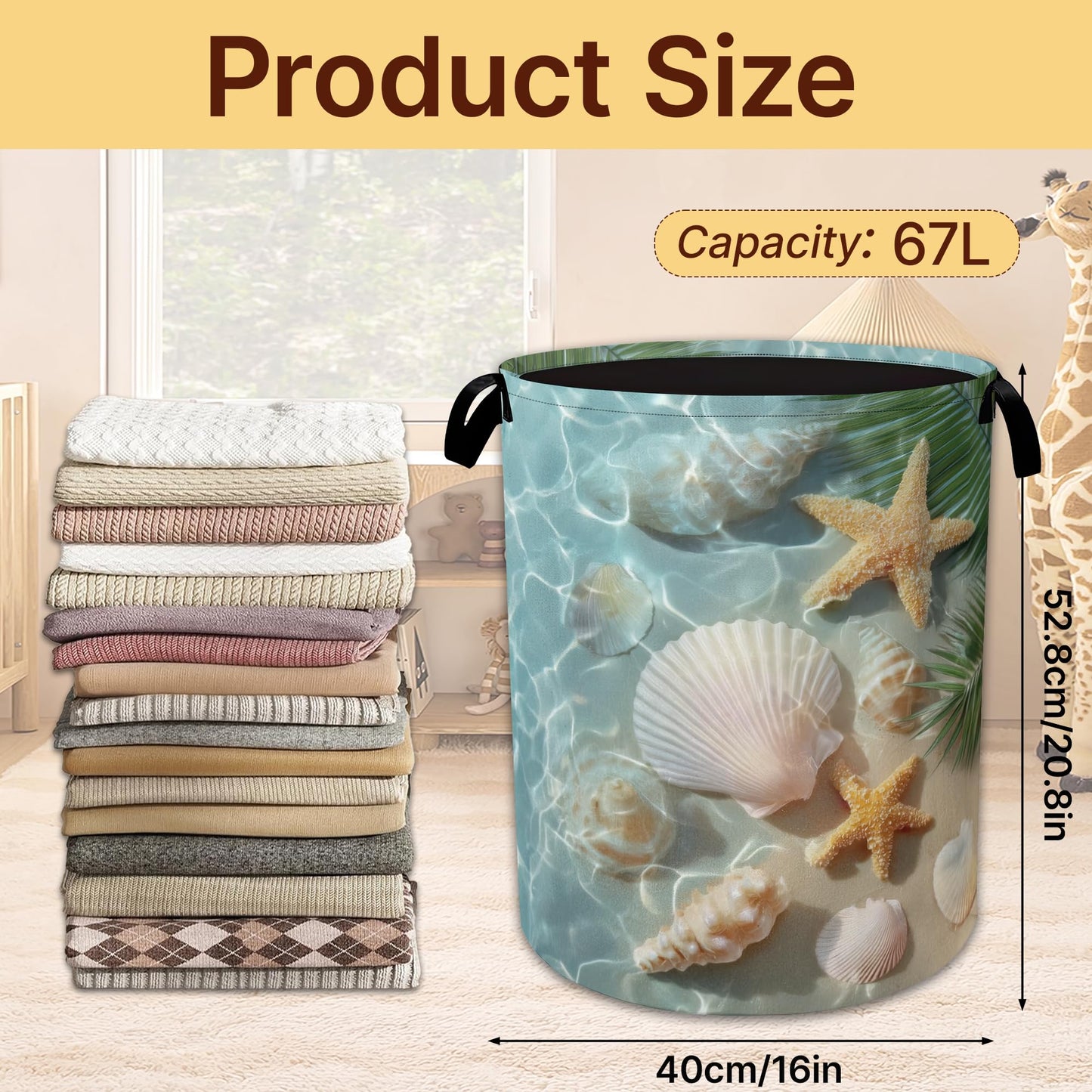 Sea Beach Laundry Basket,Starfish Shells Collapsible Laundry Baskets with Handles,Waterproof Oxford Cloth Hamper,Storage Organizer for Bathroom Bedroom Dorm